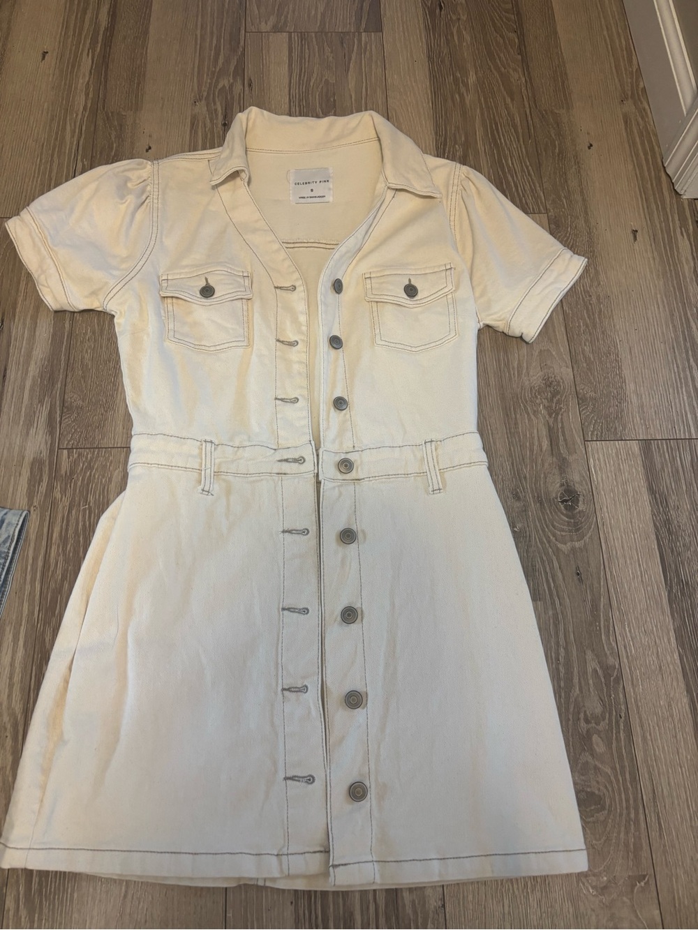 Cream Button-Front Short Sleeve Denim Dress
